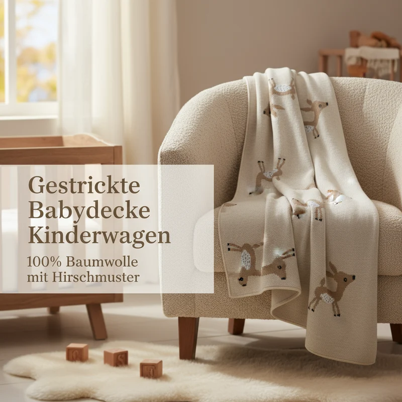 Gestrickte Babydecke Kinderwagen Baumwolle - Hirschmuster 90x70cm Kamel