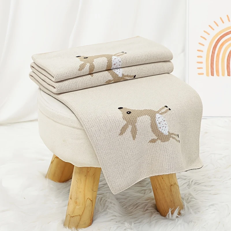 Gestrickte Babydecke Kinderwagen Baumwolle - Hirschmuster 90x70cm Kamel