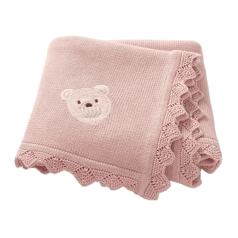 Babydecke Baumwolle 100% – Süßes Bär-Muster - Strickdecke für Neugeborene