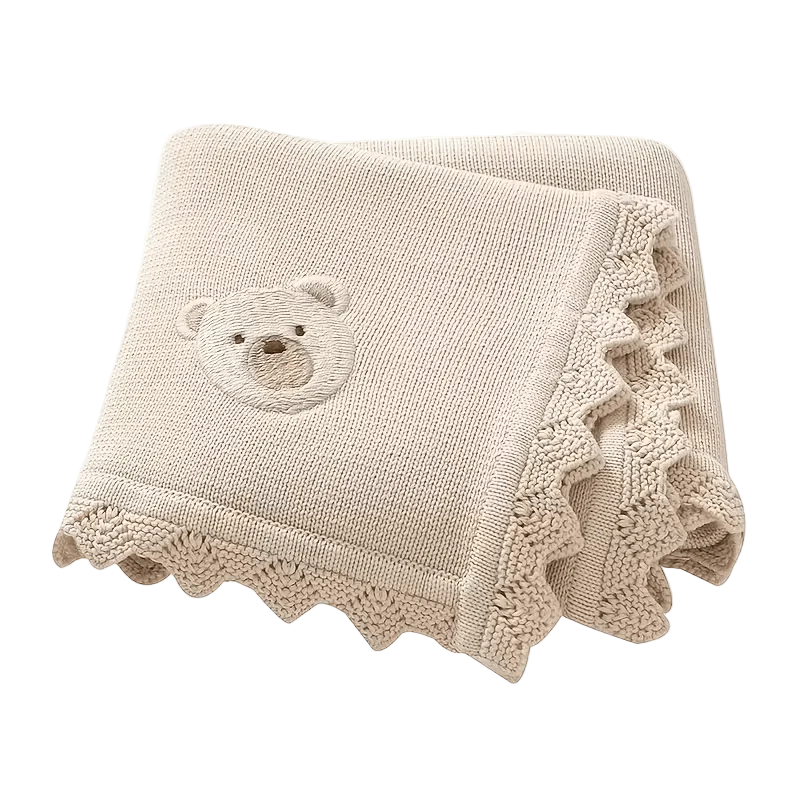 Babydecke Baumwolle 100% – Süßes Bär-Muster - Strickdecke für Neugeborene