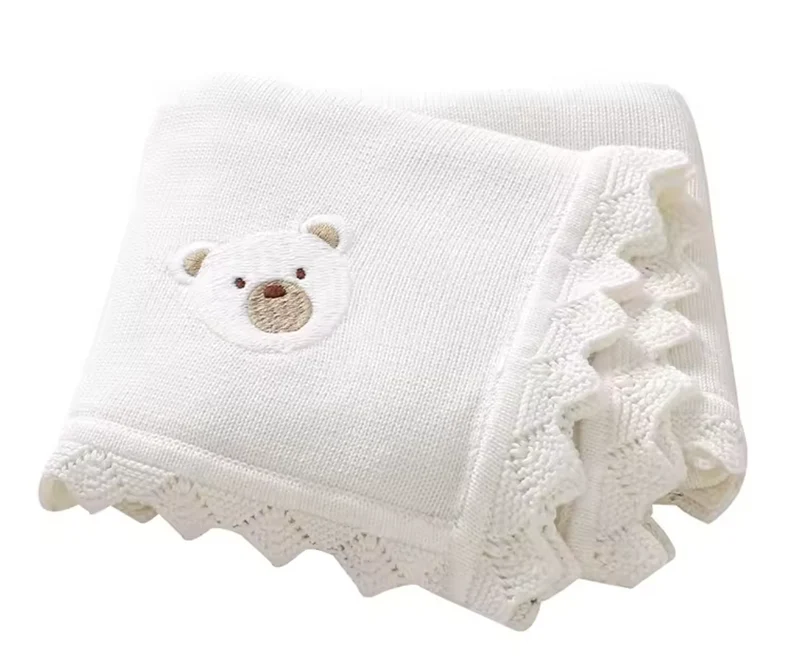 Babydecke Baumwolle 100% – Süßes Bär-Muster - Strickdecke für Neugeborene