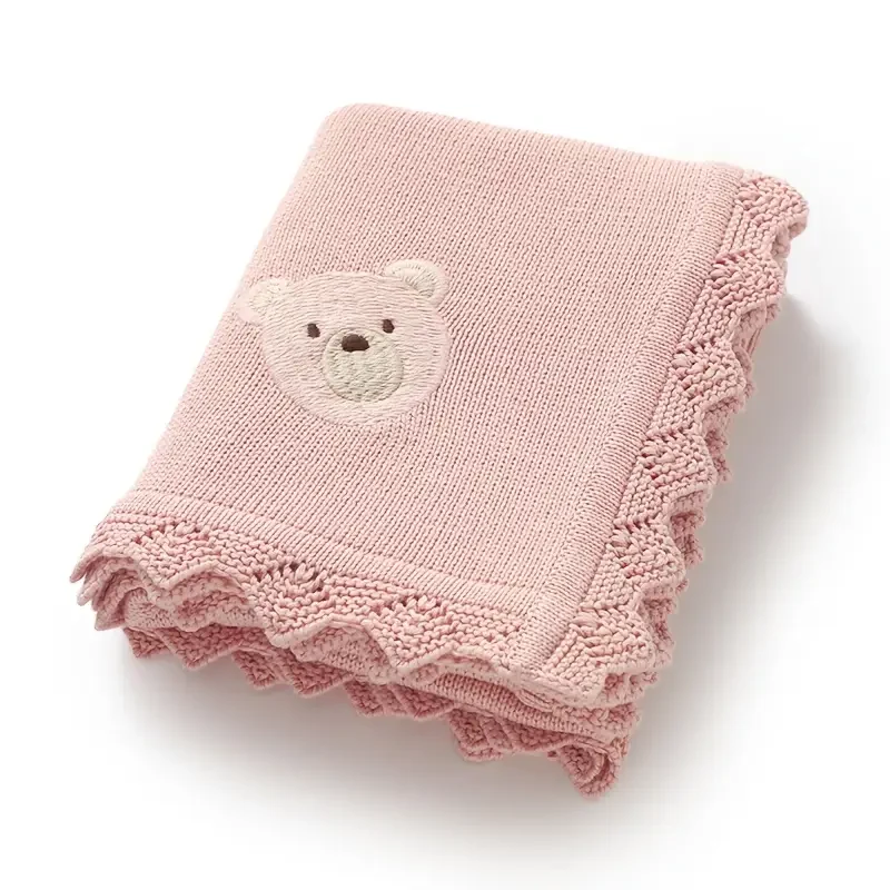 Babydecke Baumwolle 100% – Süßes Bär-Muster - Strickdecke für Neugeborene