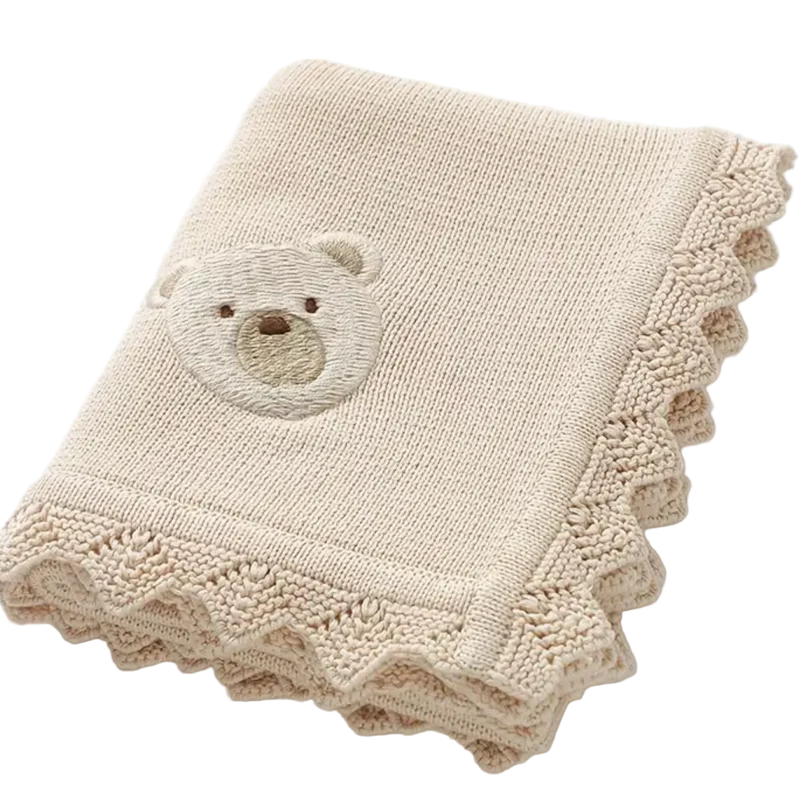 Babydecke Baumwolle 100% – Süßes Bär-Muster - Strickdecke für Neugeborene
