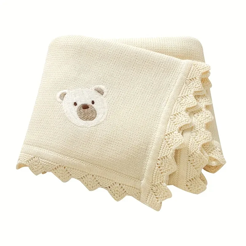 Babydecke Baumwolle 100% – Süßes Bär-Muster - Strickdecke für Neugeborene