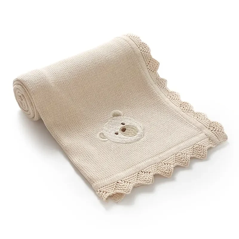 Babydecke Baumwolle 100% – Süßes Bär-Muster - Strickdecke für Neugeborene