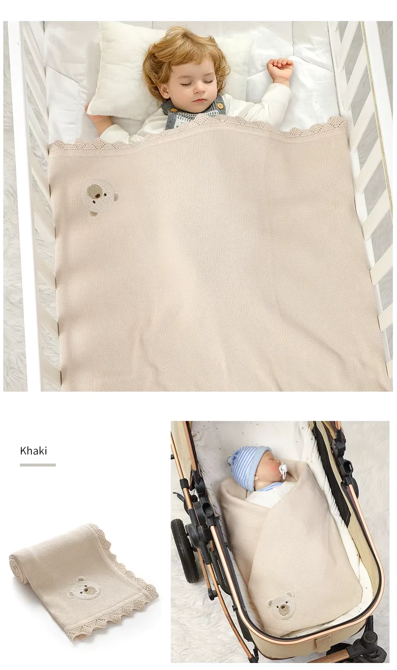 Babydecke Baumwolle 100% – Süßes Bär-Muster - Strickdecke für Neugeborene