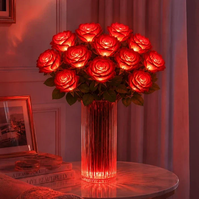 Leuchtender Rosenstrauss – künstliche Rosen mit sanftem Licht ohne Wasser