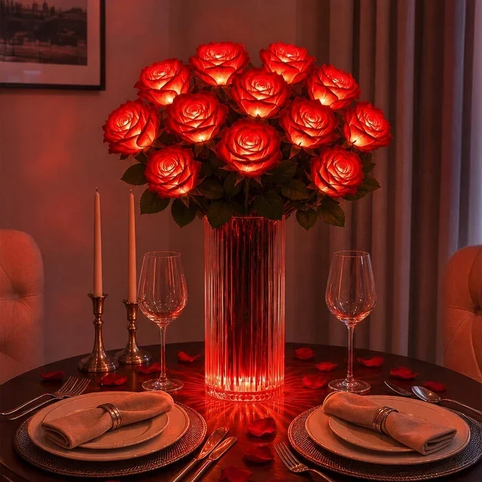 Leuchtender Rosenstrauss – künstliche Rosen mit sanftem Licht ohne Wasser