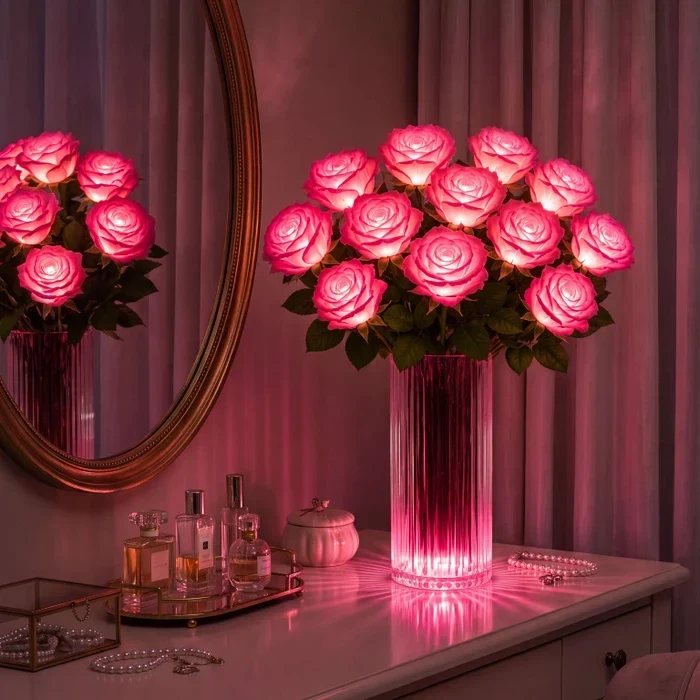 Leuchtender Rosenstrauss – künstliche Rosen mit sanftem Licht ohne Wasser