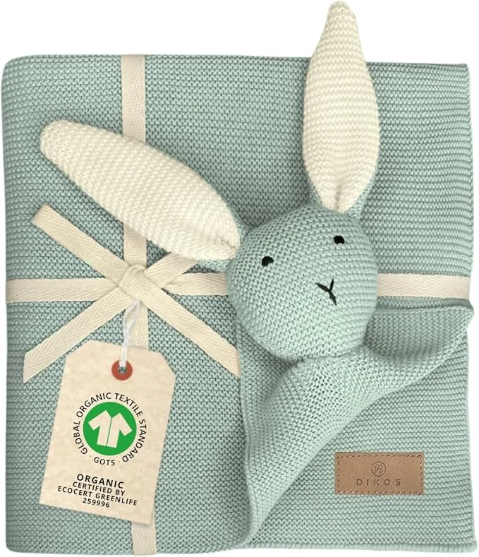 DIKOS 2-in-1 Babydecke & Kuscheltuch -Hase - Bio-Baumwolle (GOTS & OEKO TEX) - 100 x 75 cm