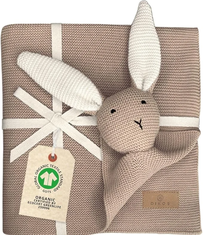 DIKOS 2-in-1 Babydecke & Kuscheltuch -Hase - Bio-Baumwolle (GOTS & OEKO TEX) - 100 x 75 cm