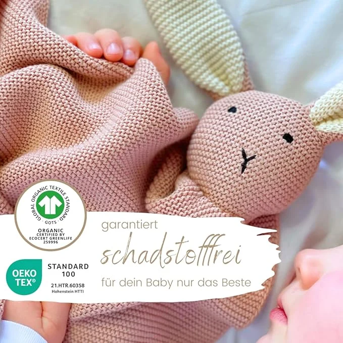 DIKOS 2-in-1 Babydecke & Kuscheltuch -Hase - Bio-Baumwolle (GOTS & OEKO TEX) - 100 x 75 cm