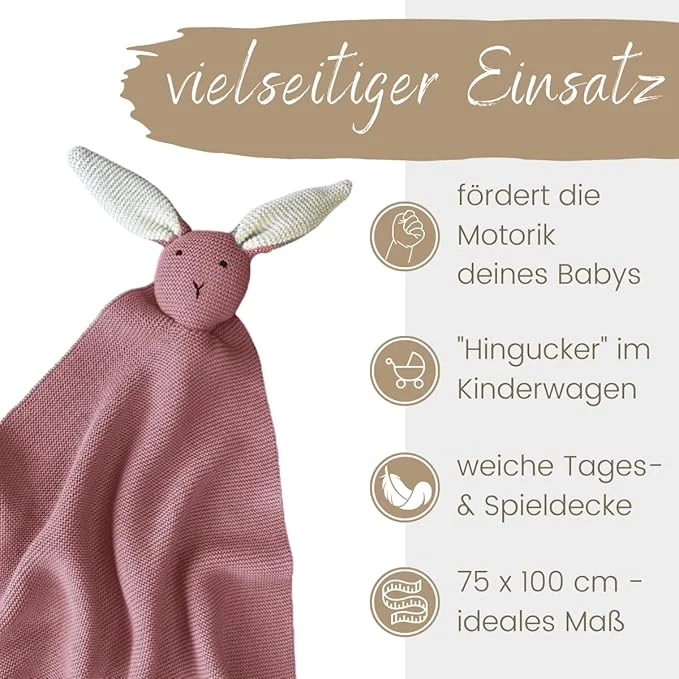 DIKOS 2-in-1 Babydecke & Kuscheltuch -Hase - Bio-Baumwolle (GOTS & OEKO TEX) - 100 x 75 cm