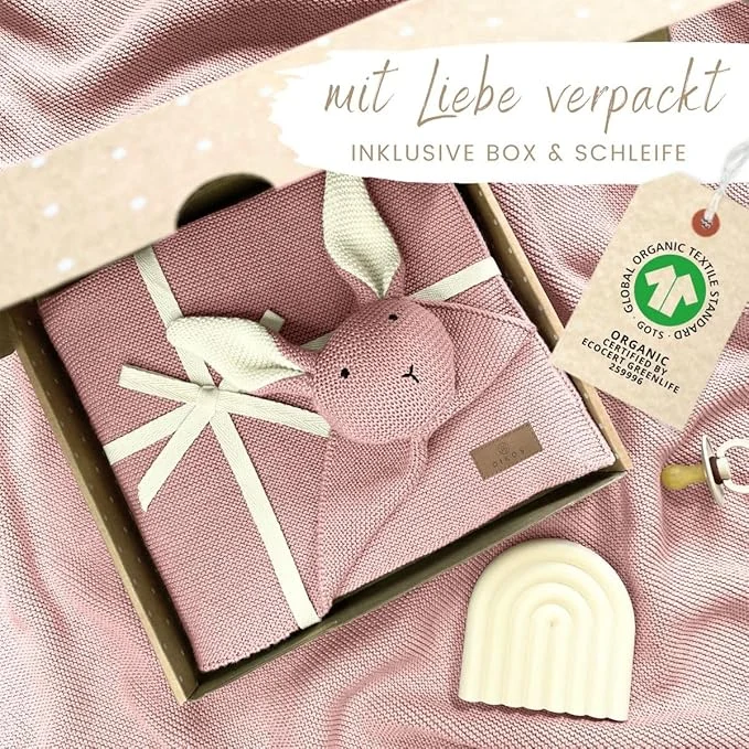 DIKOS 2-in-1 Babydecke & Kuscheltuch -Hase - Bio-Baumwolle (GOTS & OEKO TEX) - 100 x 75 cm