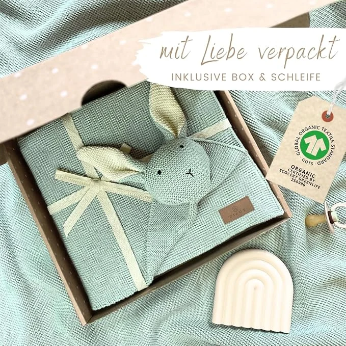 DIKOS 2-in-1 Babydecke & Kuscheltuch -Hase - Bio-Baumwolle (GOTS & OEKO TEX) - 100 x 75 cm