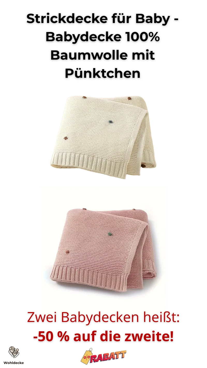 Wohldecke® - Handgefertigte Strickdecke Baby Baumwolle- Babydecke mit Pompons