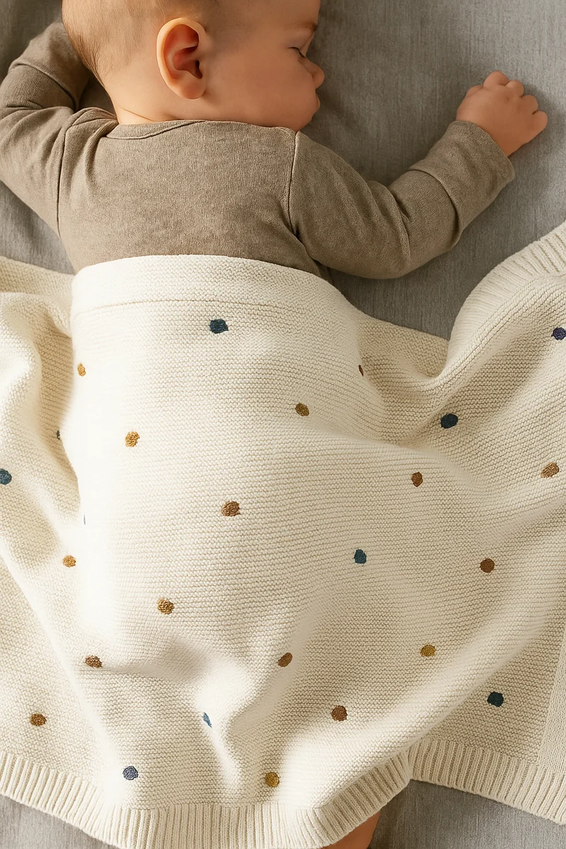 Wohldecke® - Handgefertigte Strickdecke Baby Baumwolle- Babydecke mit Pompons