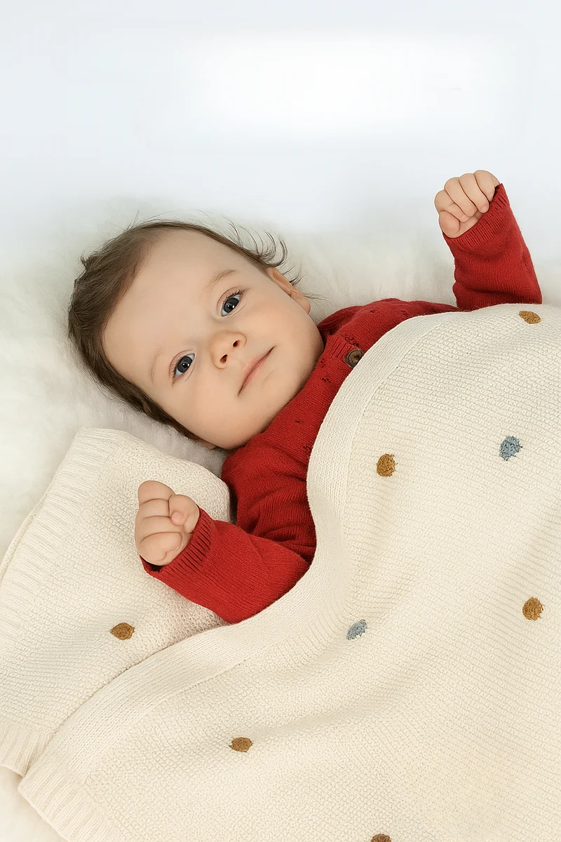 Wohldecke® - Handgefertigte Strickdecke Baby Baumwolle- Babydecke mit Pompons