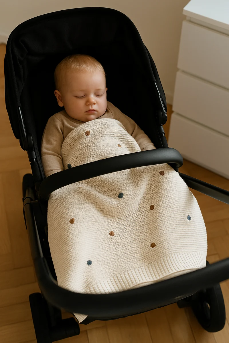 Wohldecke® - Handgefertigte Strickdecke Baby Baumwolle- Babydecke mit Pompons