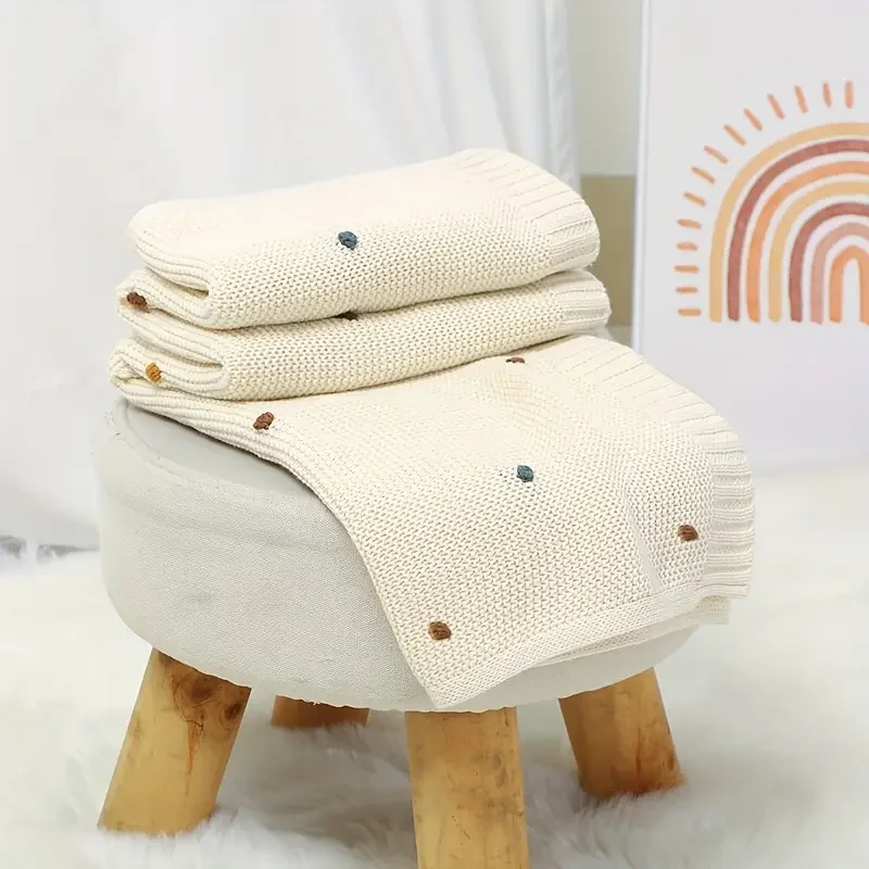 Wohldecke® - Handgefertigte Strickdecke Baby Baumwolle- Babydecke mit Pompons