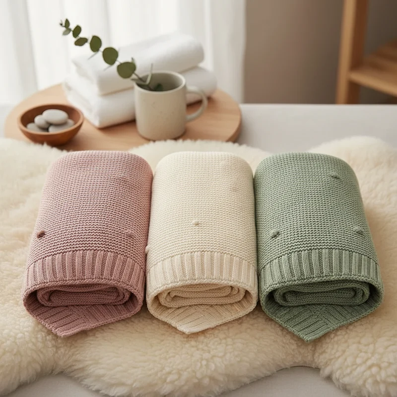 Wohldecke® - Handgefertigte Strickdecke Baby Baumwolle- Babydecke mit Pompons