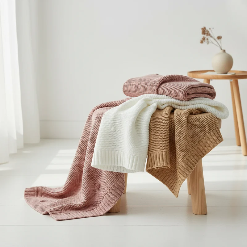 Wohldecke® - Handgefertigte Strickdecke Baby Baumwolle- Babydecke mit Pompons