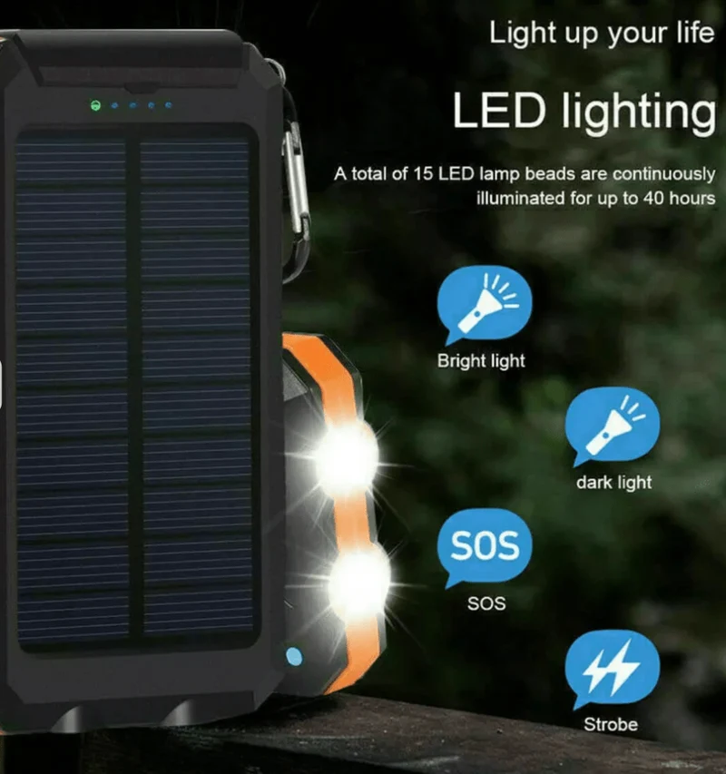 Solar-Powerbank – zwei USB-Ausgänge, IPX5-Gehäuse und LED-Leuchte