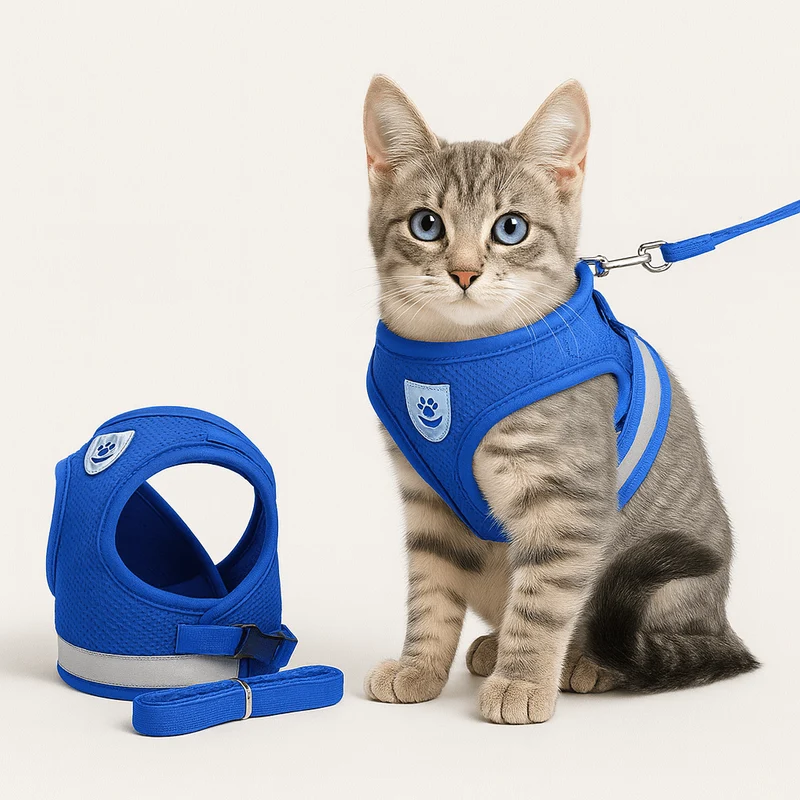 Katzengeschirr mit Leine – verstellbares Mesh mit Reflexstreifen