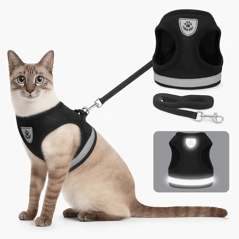 Katzengeschirr mit Leine – verstellbares Mesh mit Reflexstreifen