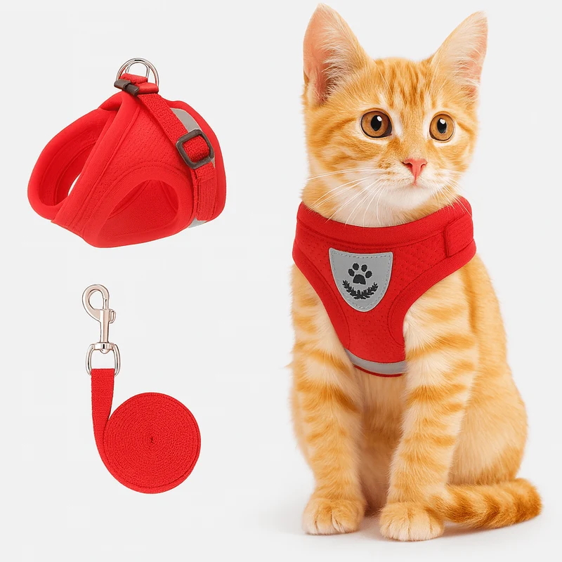 Katzengeschirr mit Leine – verstellbares Mesh mit Reflexstreifen