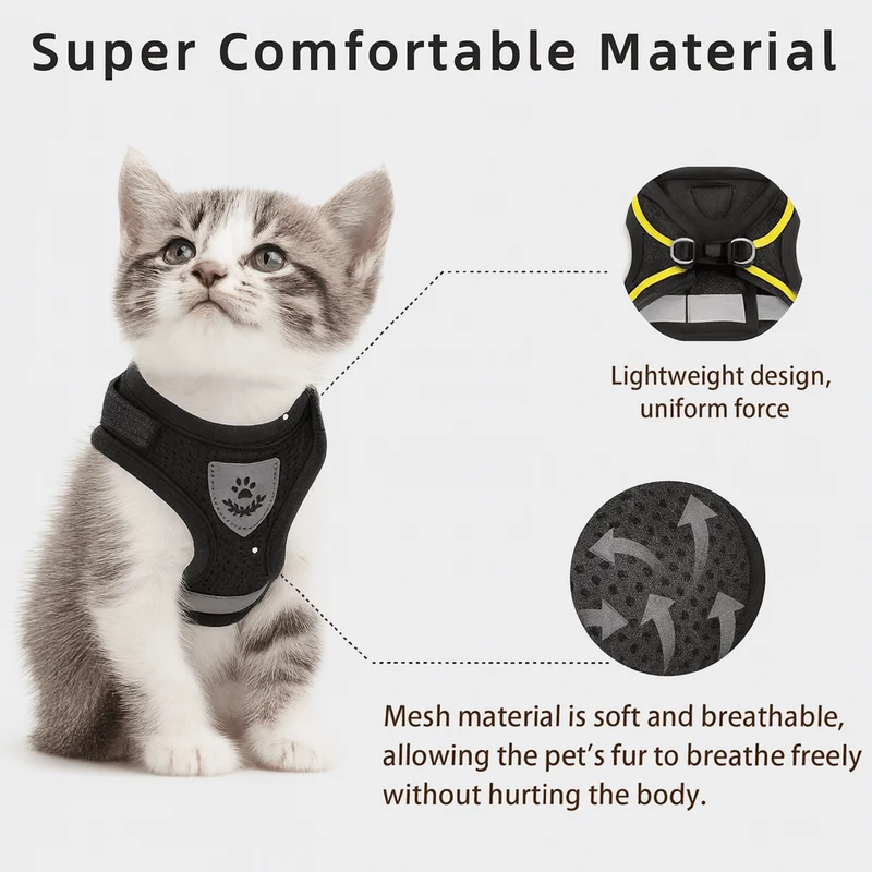 Katzengeschirr mit Leine – verstellbares Mesh mit Reflexstreifen