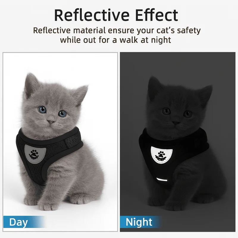 Katzengeschirr mit Leine – verstellbares Mesh mit Reflexstreifen