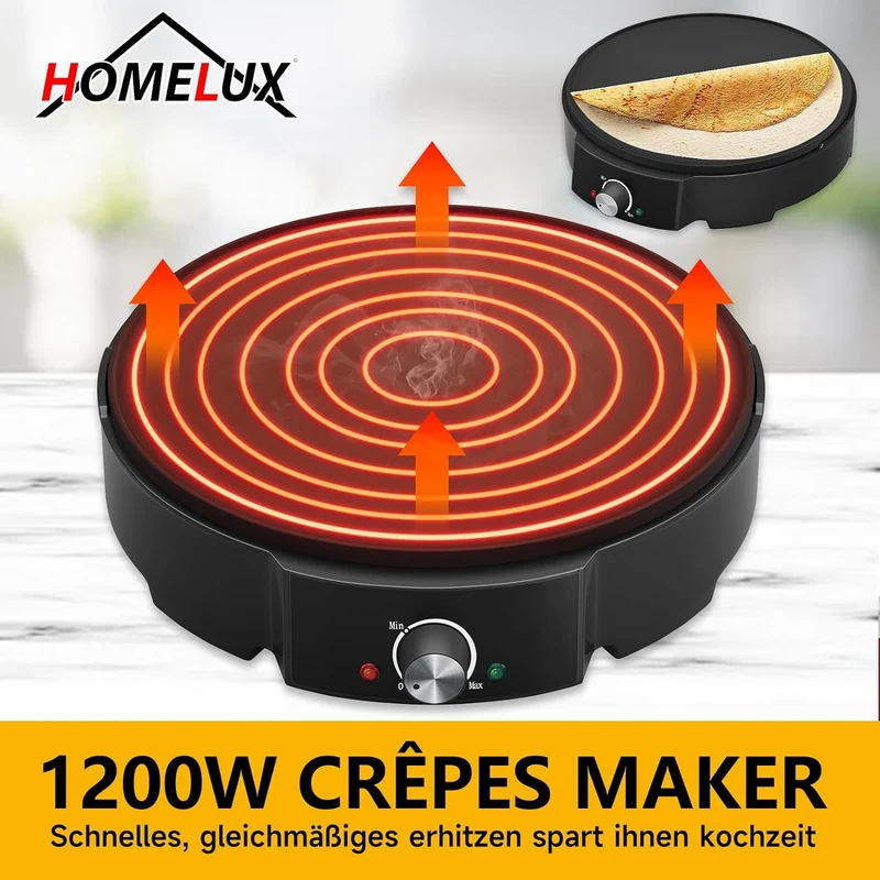 HOMELUX Crepes Maker Ø30 cm 1200W Antihaftbeschichtet + Verteiler