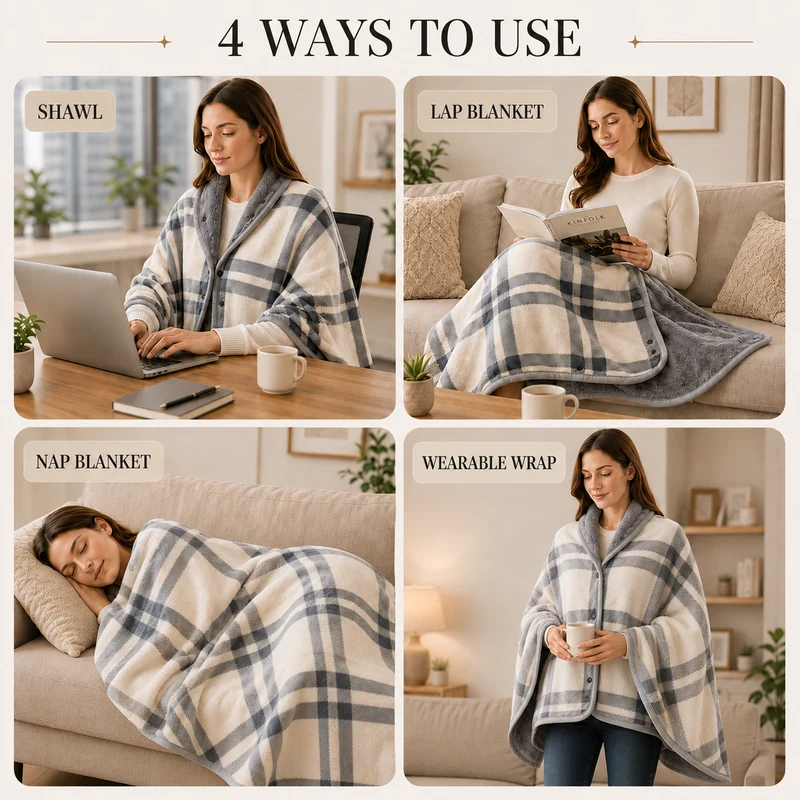 Kuscheldecke zum Anziehen – Wendbares Plüschcape mit Knopfleiste