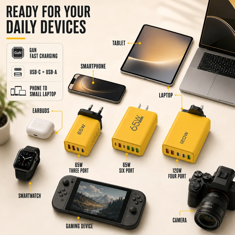 USB-Ladegerät kompakt – GaN-Technik mit USB-C- und USB-A-Anschlüssen