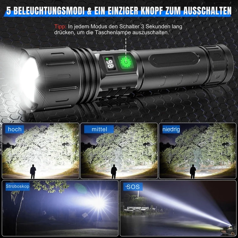 LED-Taschenlampe – USB-C-Akku, drei Leuchtstufen und Powerbank-Funktion