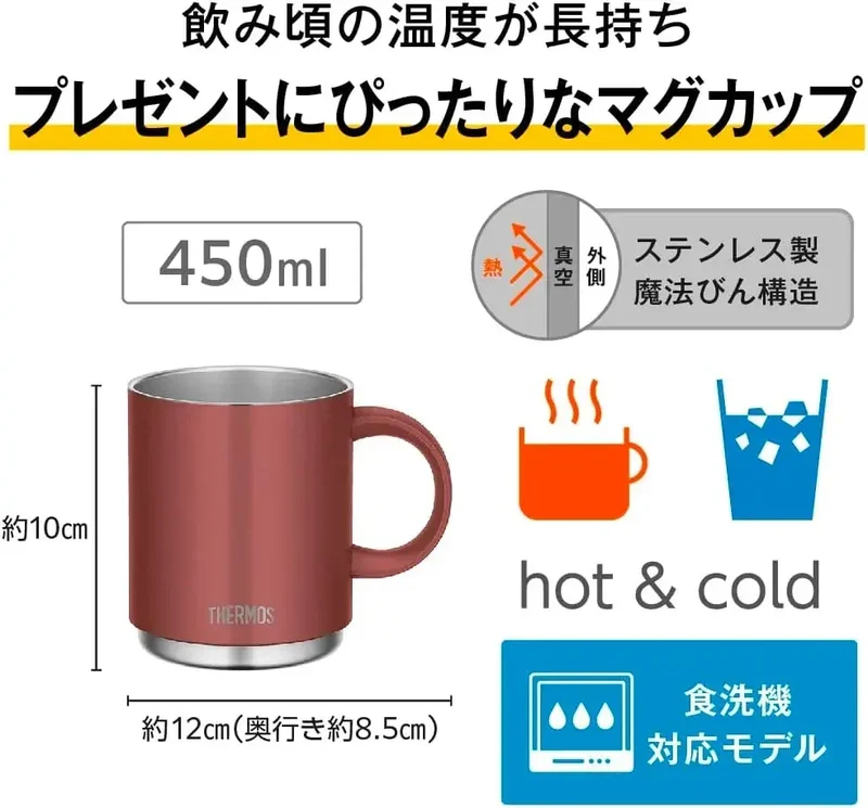 THERMOS Vacuum Insulated Mug 450 ml Deep Red Coated Steel Stackable