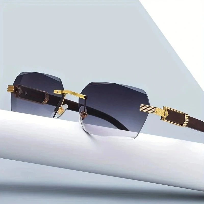 Sonnenbrille randlos – Facettierte Gläser und Bügel in Holzoptik