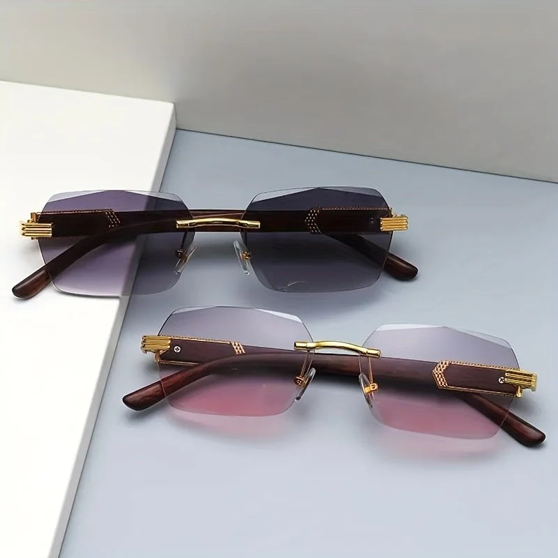 Sonnenbrille randlos – Facettierte Gläser und Bügel in Holzoptik