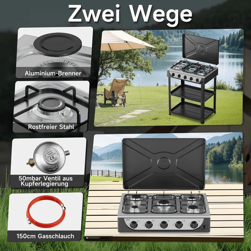 HOMELUX 5 flammiger Gaskocher inkl.Schlauch und Druckminderer Gasherd