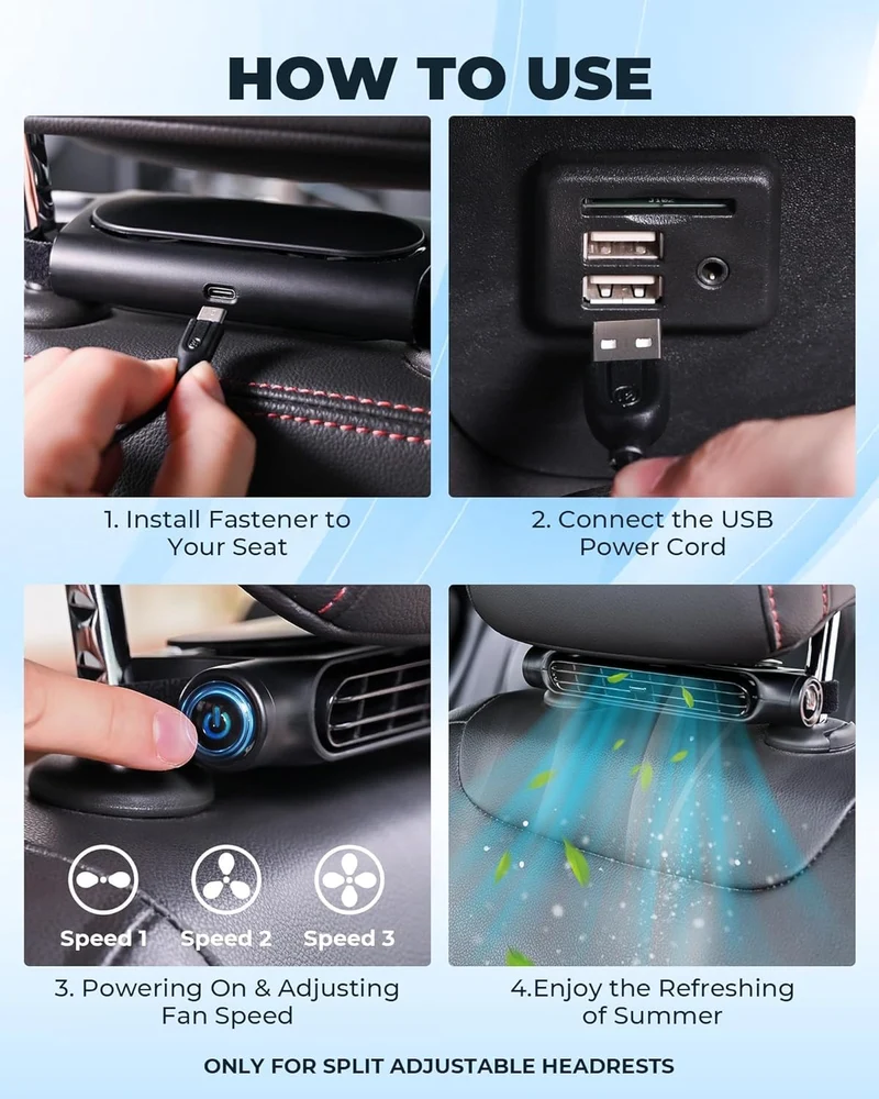 Auto USB Lüfter – Flügelloser Kopfstützen Ventilator mit 3 Stufen & USB-Anschluss