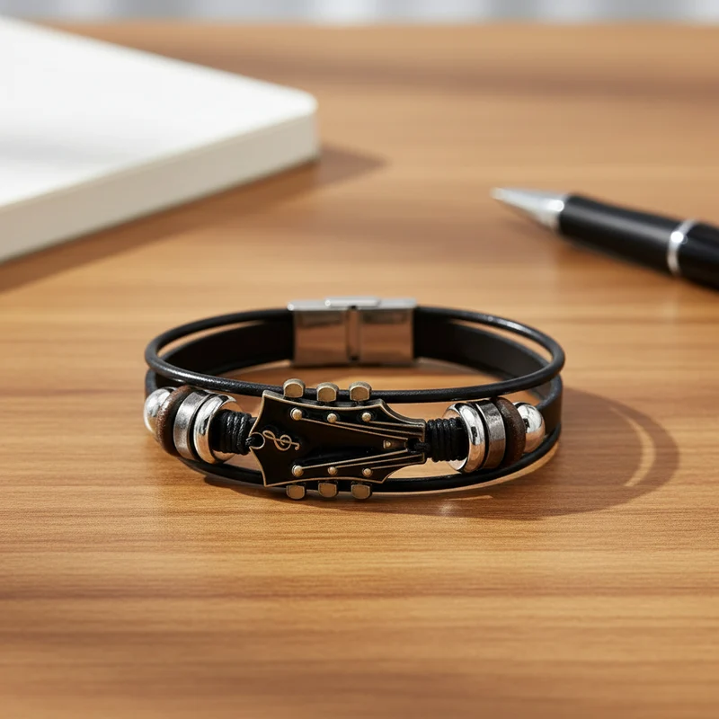 Armband – verstellbares Gitarrenarmband im Leder-Look mit Vintage-Design