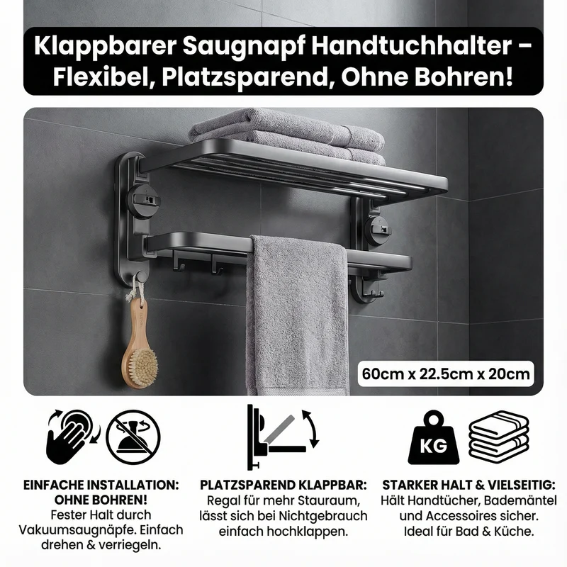 Praktischer Handtuchhalter mit Saugnapf und klappbarem Design zur bohrfreien Wandmontage