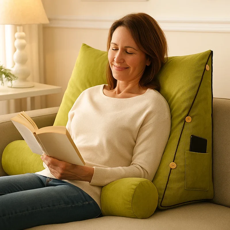 Ergonomisches Keilkissen zur Rückenstütze mit Nackenrolle und Seitentasche
