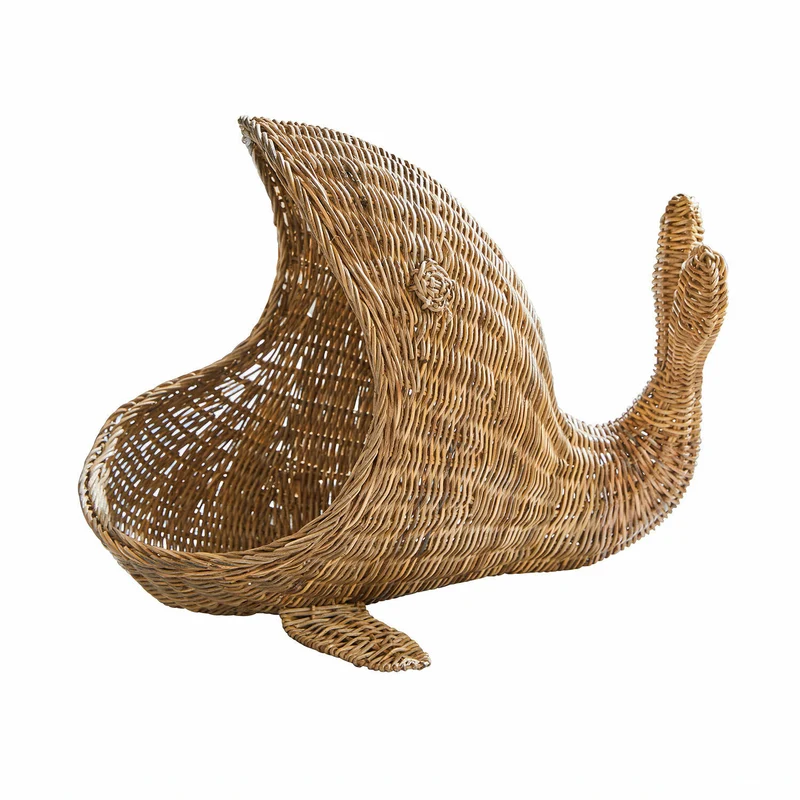 CHERUBOO Wal-Rattankorb – Verspielter handgeflochtener Aufbewahrungskorb aus Rattan im Wal-Design für Kinderzimmer