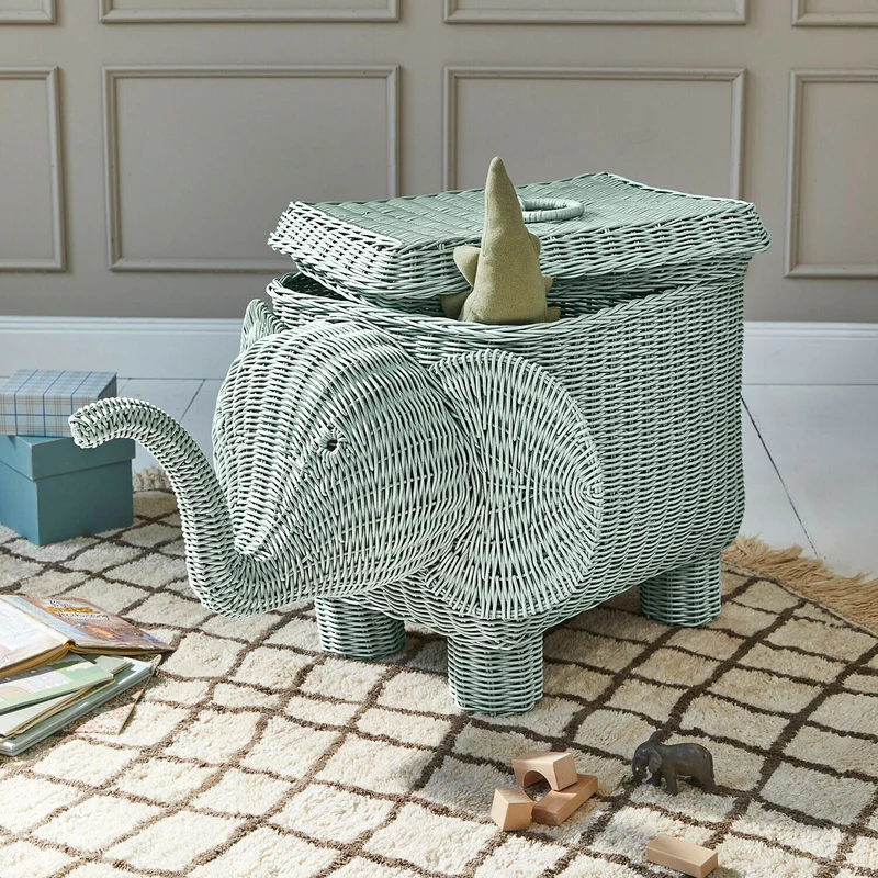BELLYBOO Elefantenkorb – Handgeflochtener Rattan-Aufbewahrungskorb in Elefantenform mit Deckel für Kinderzimmer