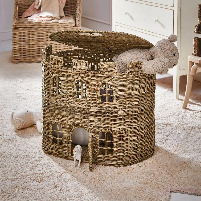 BUMBALA Schlosskorb – Handgeflochtener Rattankorb im Märchenschloss-Design mit aufklappbarem Dach für Kinderzimmer