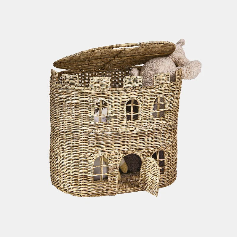 BUMBALA Schlosskorb – Handgeflochtener Rattankorb im Märchenschloss-Design mit aufklappbarem Dach für Kinderzimmer