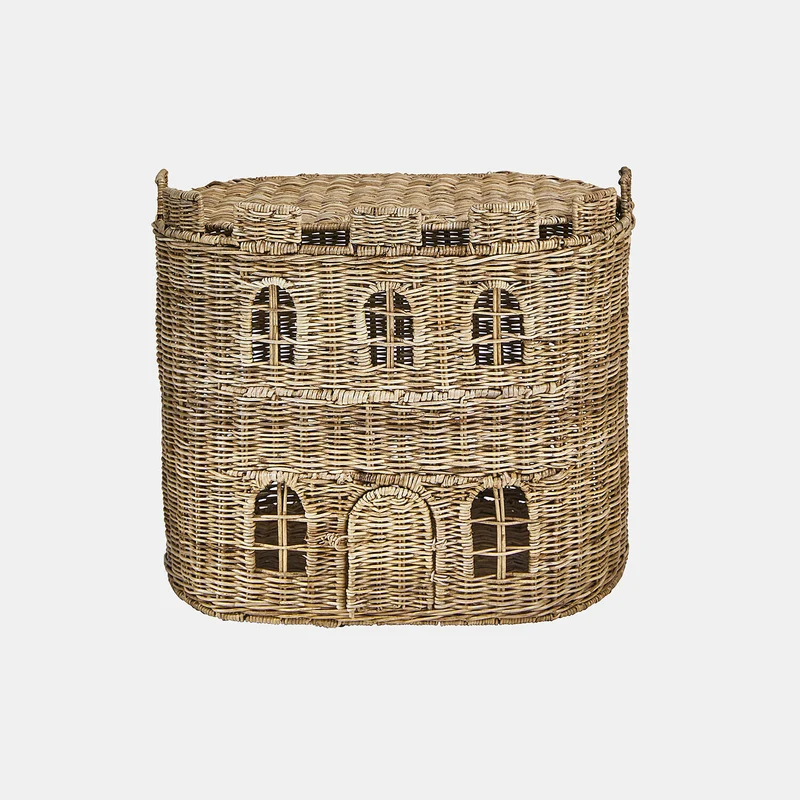 BUMBALA Schlosskorb – Handgeflochtener Rattankorb im Märchenschloss-Design mit aufklappbarem Dach für Kinderzimmer