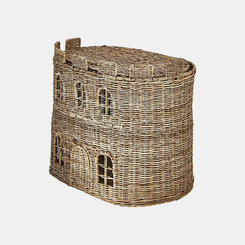 BUMBALA Schlosskorb – Handgeflochtener Rattankorb im Märchenschloss-Design mit aufklappbarem Dach für Kinderzimmer